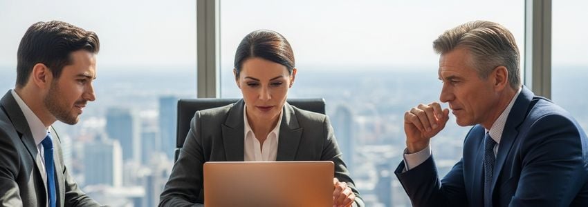 Business professionals reviewing credit reports and tradeline documents in a modern office
