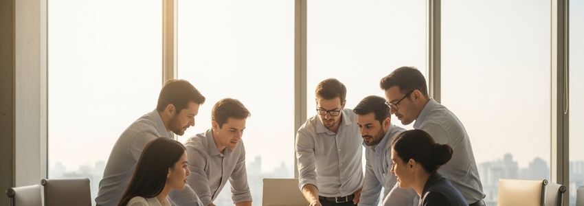 Business team reviewing travel and site visit plans in a modern conference room