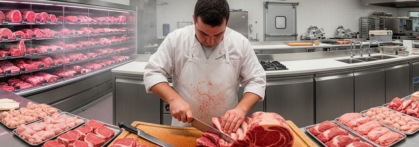 Professional butcher preparing meat in a well-equipped butcher shop