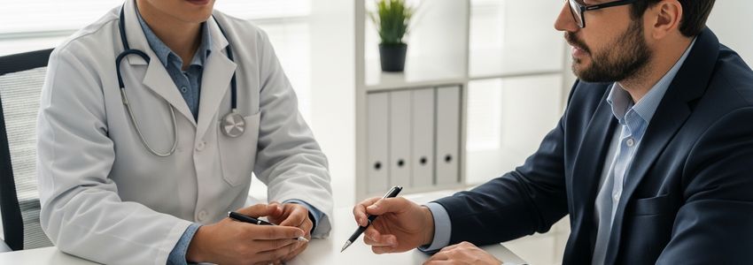 Physician reviewing medical practice acquisition financing documents with a business consultant