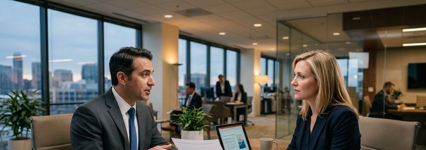 Business owner presenting C-corporation loan proposal to a lending officer in a modern office