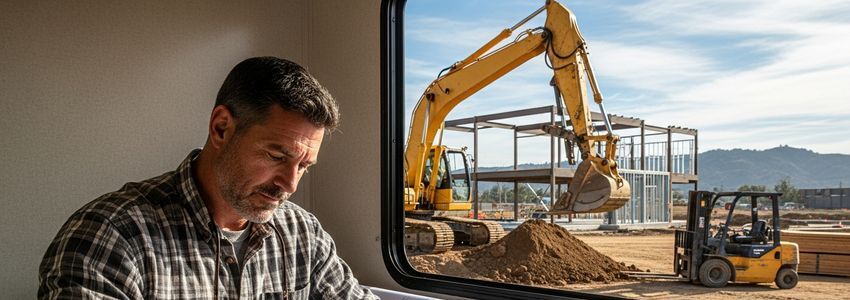 California construction company owner reviewing business loan options and financing documents at a job site office