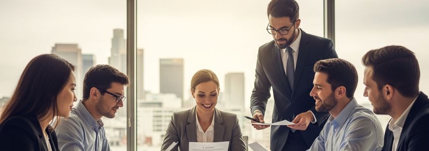 California small business owner reviewing loan documents at a modern office desk in downtown Los Angeles