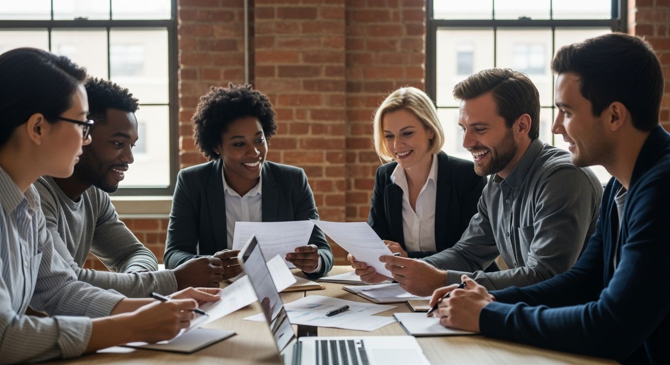 California entrepreneurs reviewing business loan paperwork in a modern co-working space