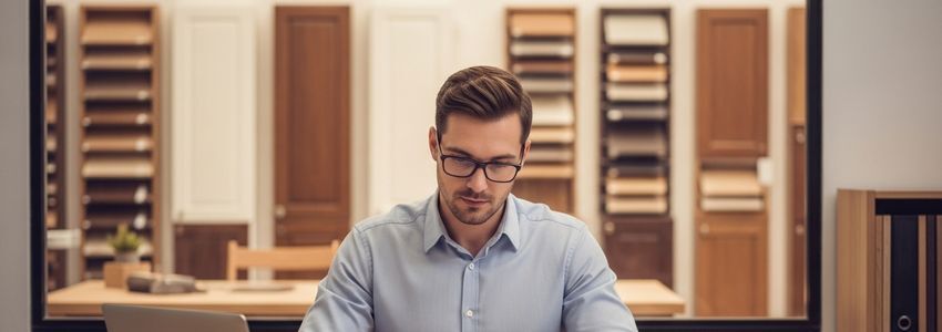 Cabinet shop owner reviewing business loan documents at a workshop desk, with cabinet designs and material samples visible