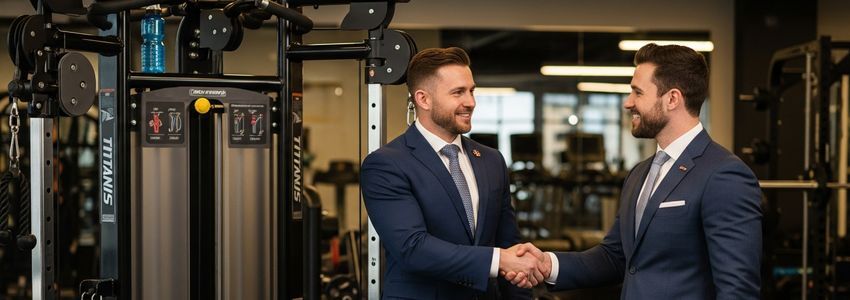 Gym owner reviewing cable machine financing options with a business advisor in a modern fitness facility
