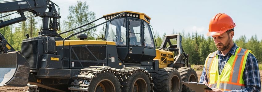 Logging professional reviewing cable skidder financing paperwork next to forestry equipment in a logging yard