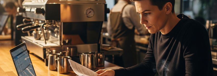 Café owner reviewing business loan documents at a coffee shop table with laptop and espresso cup nearby