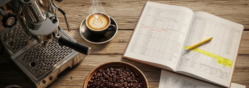 Cafe owner reviewing business loan documents and financial planning materials at cafe counter
