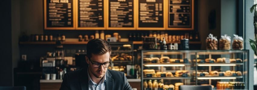 Café owner reviewing business loan documents with financial advisor in a modern café setting