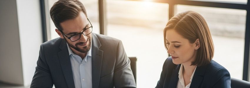Cafe Zupas franchise owner reviewing financing documents with a business advisor in a modern office setting