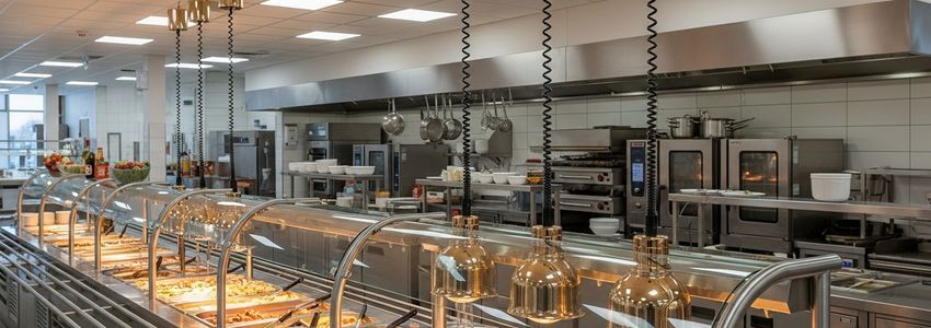 Professional cafeteria serving line with heated food stations, sneeze guards, and commercial kitchen equipment in an institutional food service setting