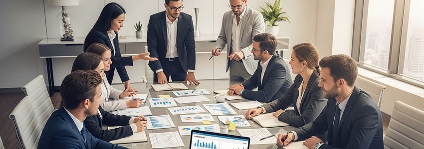 Business professionals collaborating on risk management strategies around a conference table