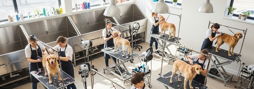 Professional dog grooming salon at a Camp Bow Wow franchise location