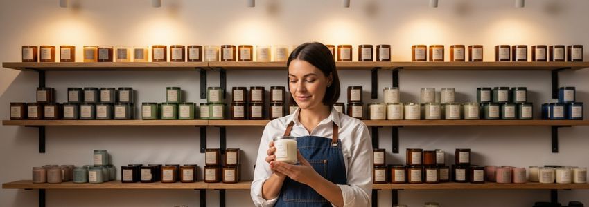 Candle maker pouring wax into molds in a professional candle-making studio