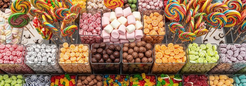 Candy store business loans - colorful candy shop display with financing options for small business owners