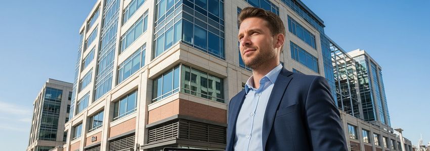 Commercial real estate investor reviewing property financials outside a commercial office building