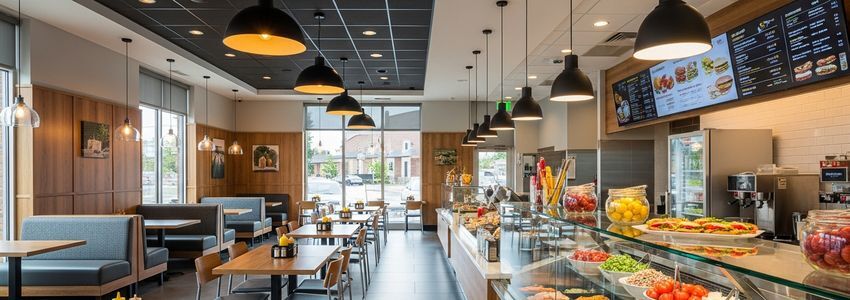 Modern fast casual sandwich restaurant interior showcasing the type of professional environment a Capriotti's franchise offers
