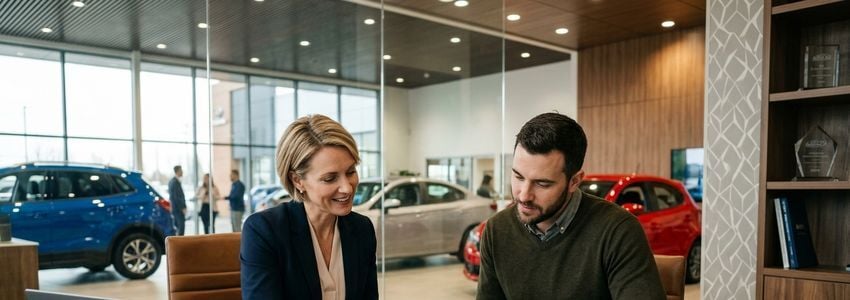 Auto dealer financing manager reviewing loan documents with customer in car dealership office
