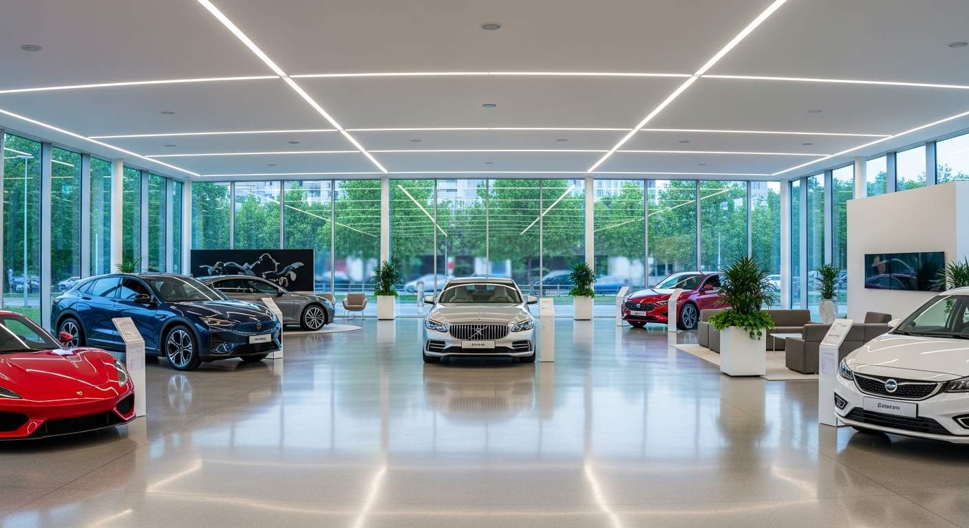 Modern car dealership showroom — car dealership business loans from Crestmont Capital