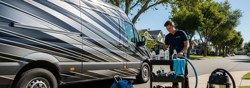 Mobile car detailing van with professional technician and equipment