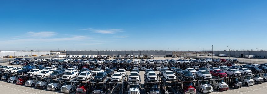 Car hauler financing - fleet of auto transport trucks at commercial depot