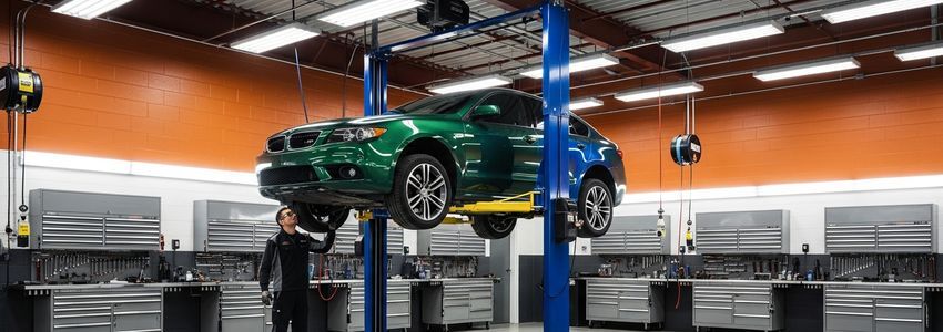 Mechanic working on a vehicle raised on a two-post car lift in a professional auto repair shop
