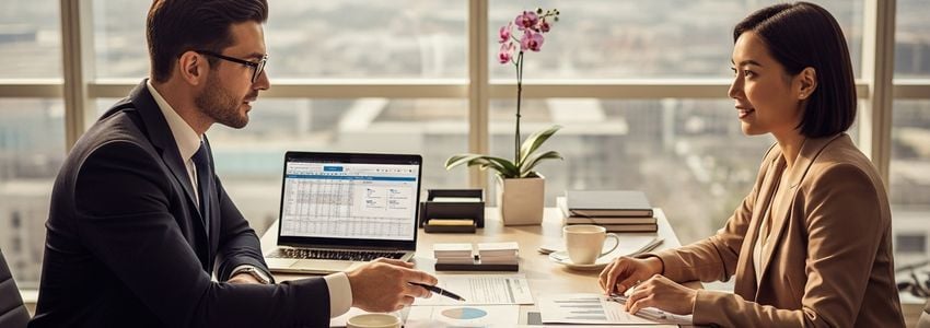 Car rental business owner reviewing financing documents at a professional office desk
