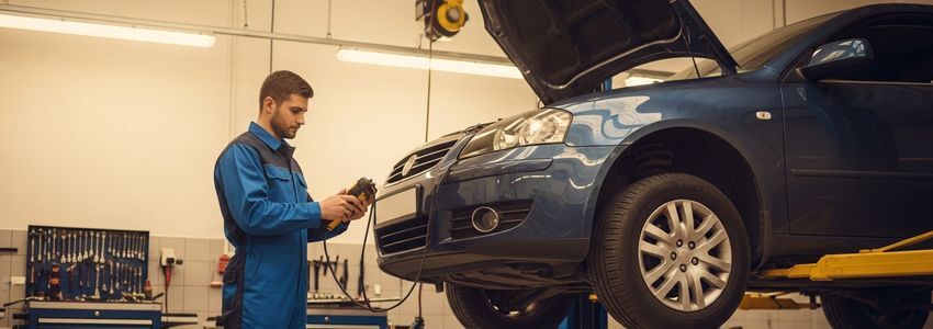 Professional auto mechanic using diagnostic equipment in a modern car repair shop
