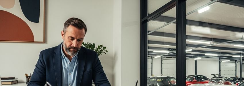 Car storage business owner reviewing financing documents in a professional office overlooking a secure vehicle storage facility