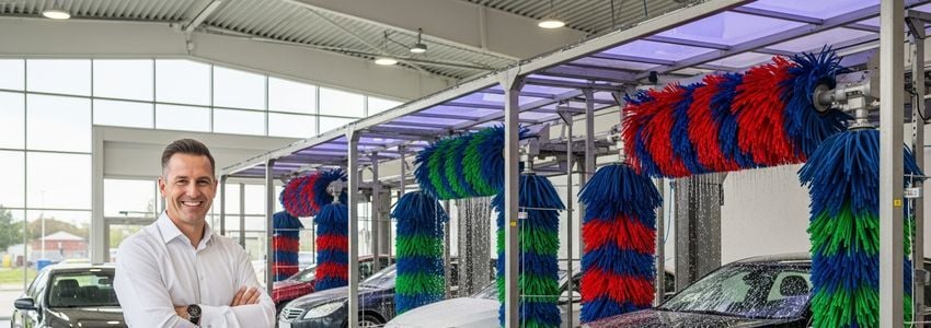 Car wash business owner reviewing equipment financing options at their facility