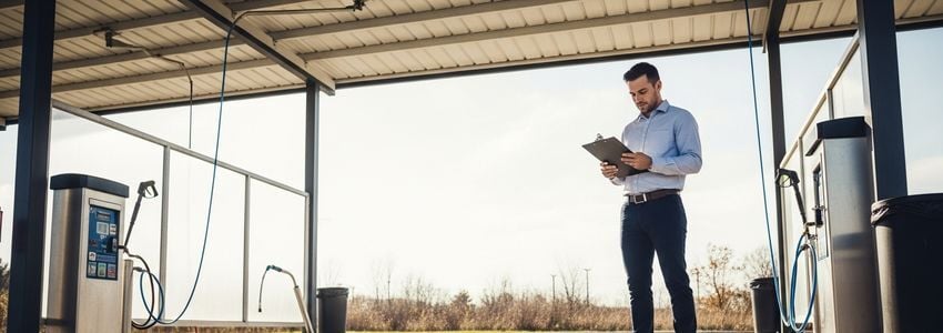 Car wash business owner reviewing equipment financing documents at a commercial car wash facility