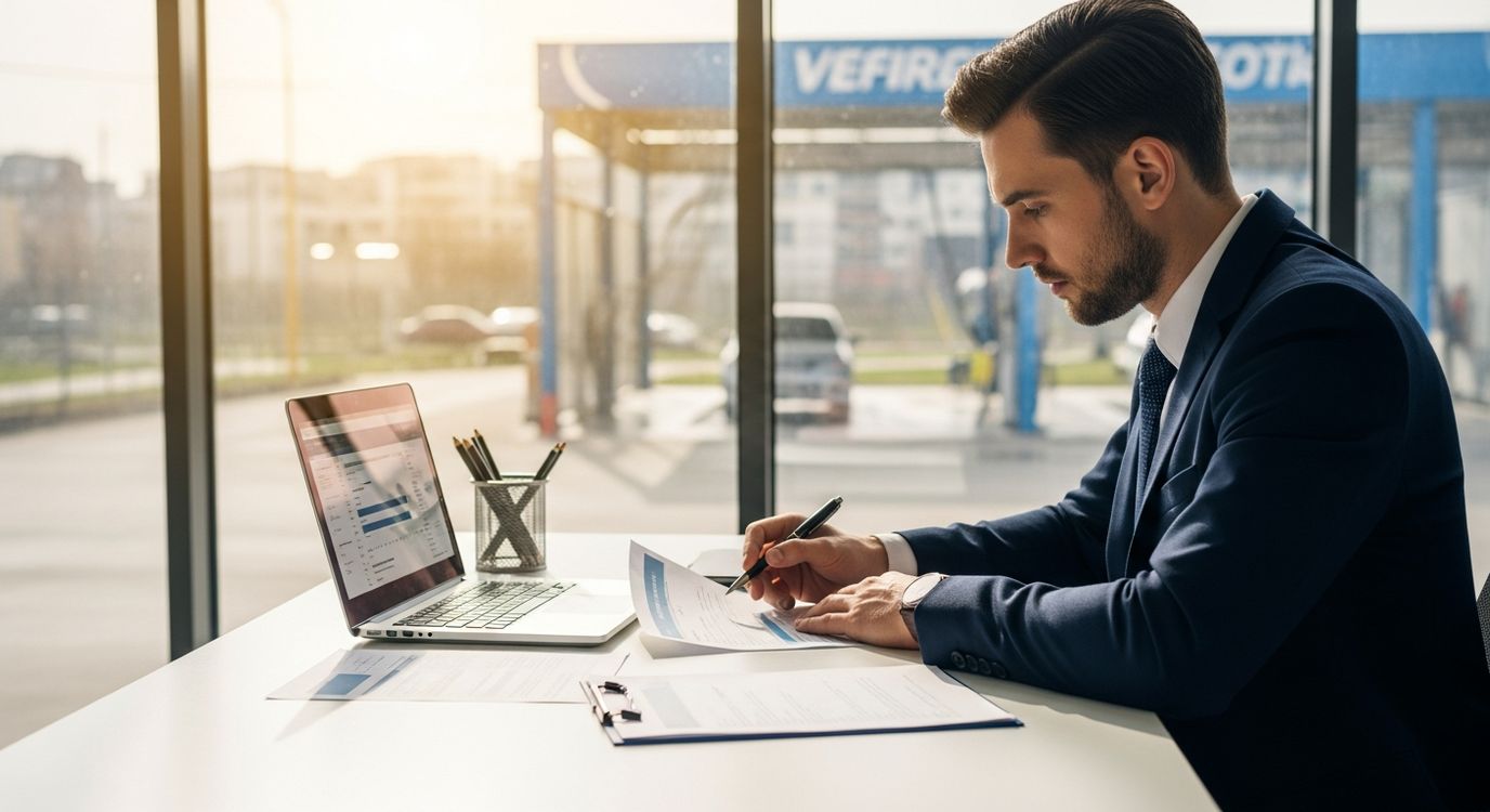 Car wash business owner reviewing financing documents