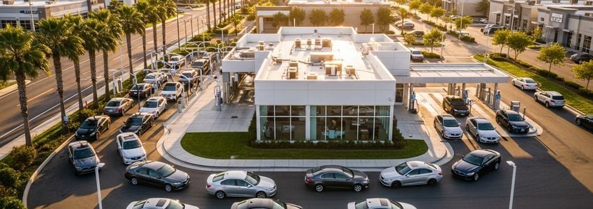 aerial view of a busy car wash franchise facility with vehicles lined up demonstrating strong business operations