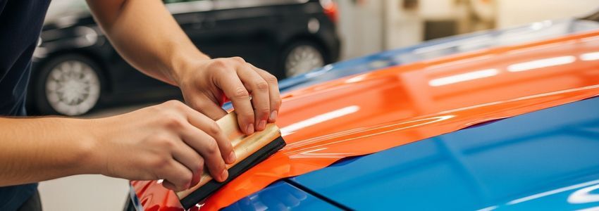 Car wrap technician applying vinyl wrap to a vehicle in a professional auto shop