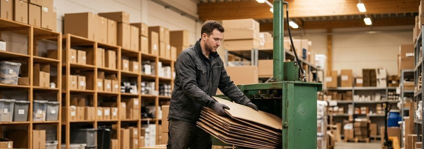 Warehouse worker operating an industrial cardboard baler machine compressing flattened boxes in a commercial distribution center