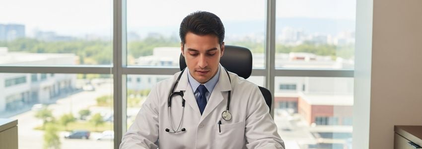 Cardiologist reviewing financing documents at a cardiology practice office