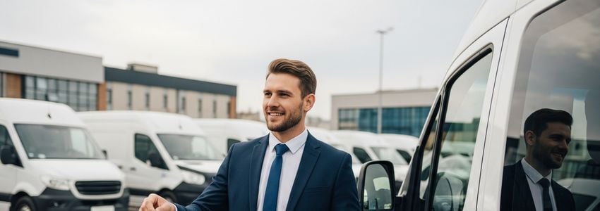 Business owner reviewing cargo van financing terms next to commercial fleet vehicles
