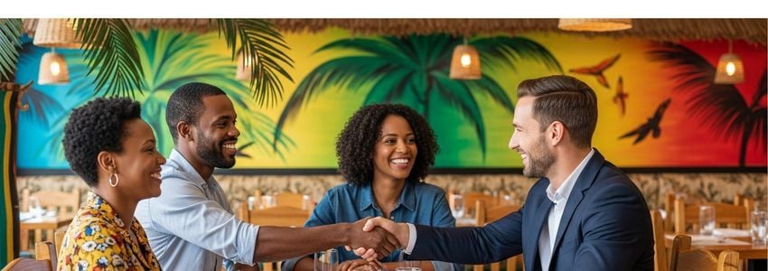Caribbean restaurant owner reviewing business loan documents with a financial advisor