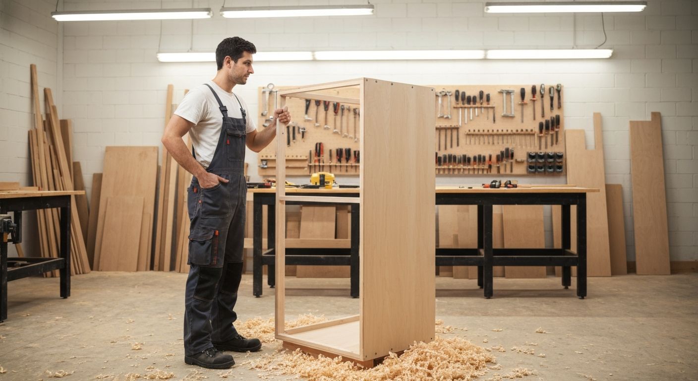 Carpenter inspecting a custom wooden cabinet frame in a professional woodworking workshop