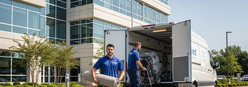 Carpet cleaning business professionals loading a commercial service van outside an office building