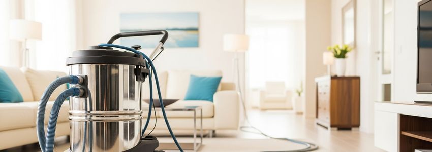 Professional carpet cleaning equipment setup with commercial extractor and hoses ready for a residential cleaning job