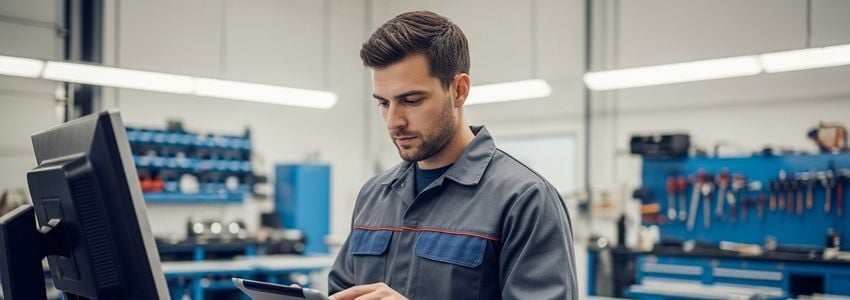 Auto body technician using computerized estimating tablet at a CARSTAR collision repair shop