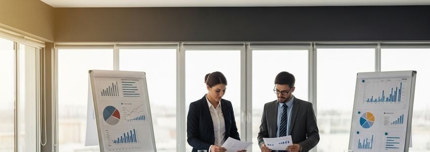 Small business professionals reviewing financial charts and cash flow documents in a modern office