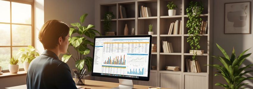 Small business owner reviewing cash flow financing documents and financial statements at an office desk