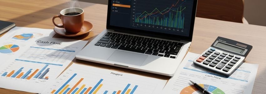 Small business owner reviewing financial reports and cash flow charts on desk with laptop showing financial dashboard