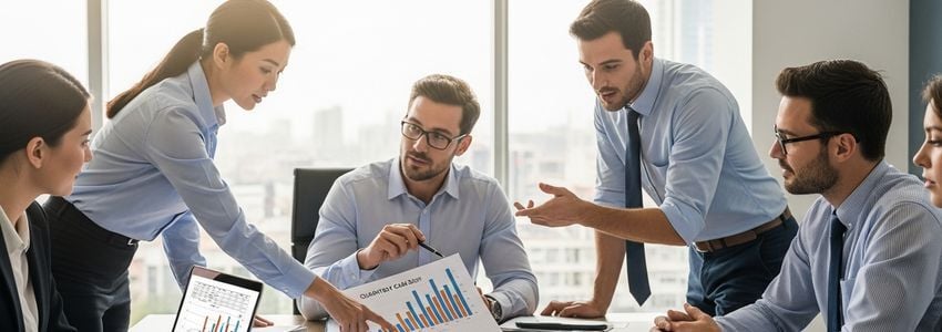 Business team reviewing cash flow reports and quarterly financial data in a professional office setting