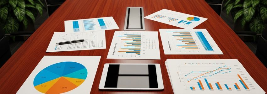 Business professionals reviewing cash flow risk reports and financial charts at a conference table