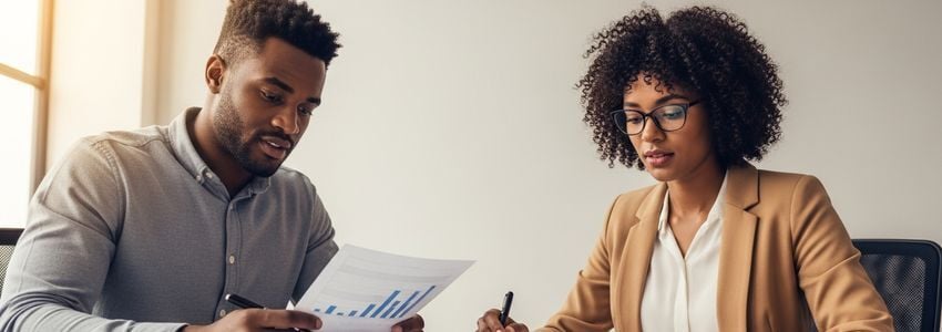 Small business professionals reviewing cash flow reports and financial data together in a modern office meeting room