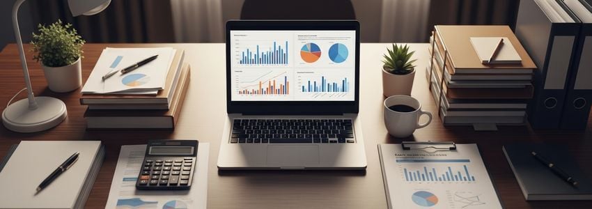 Business professional reviewing cash flow statements and financial data on a laptop in a modern office